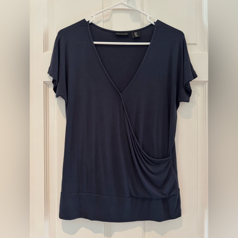 TAHARI - Short Sleeve Criss Cross Front Wrap Navy Top - Size Small
